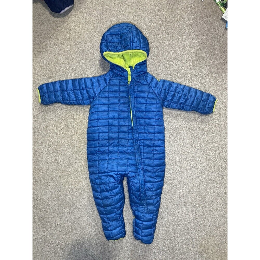 SNOZU Blue Quilted Infant Bunting Snowsuit Lime Green Fleece Lined 24M